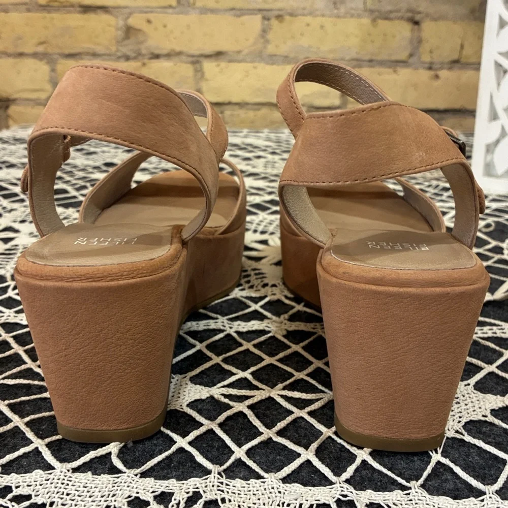 Eileen Fisher Mime Nubuck Leather Tan Platform Wedge Sandals, 9 - Picture 4 of 7